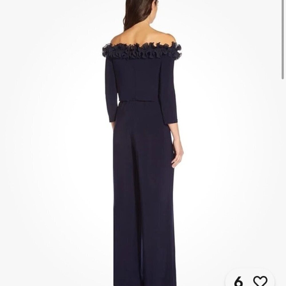 New ADRIANNA PAPELL Size 8 Navy Chiffon Ruffle Wide Leg Off Shoulder Jumpsuit - Picture 2 of 11
